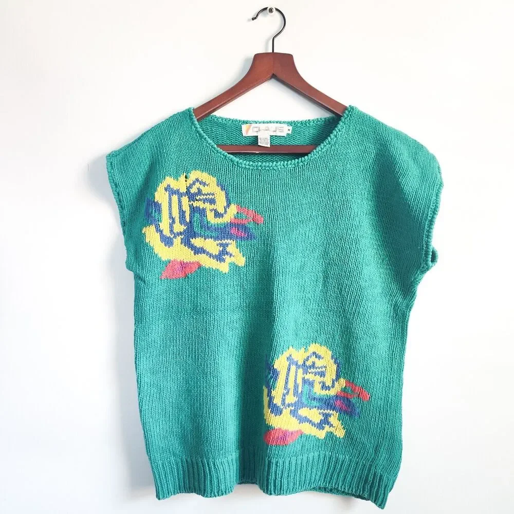 Chaus Sweater Linen Cotton 90s Medium Knit Sleeveless Floral Womens Green Vtg